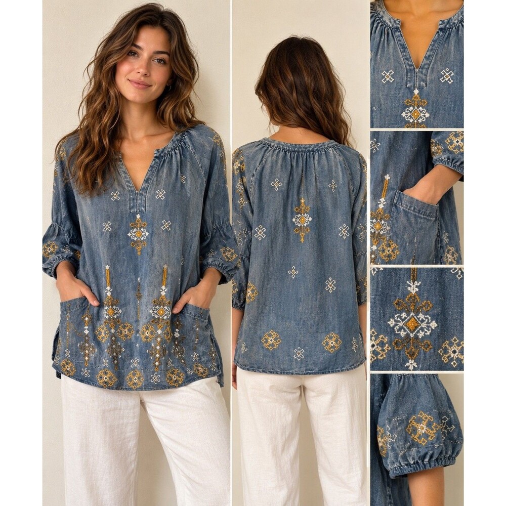Blue Velvet Lyocell Jean Top Embroidered Bell Sleeves Western Boho Pockets XL